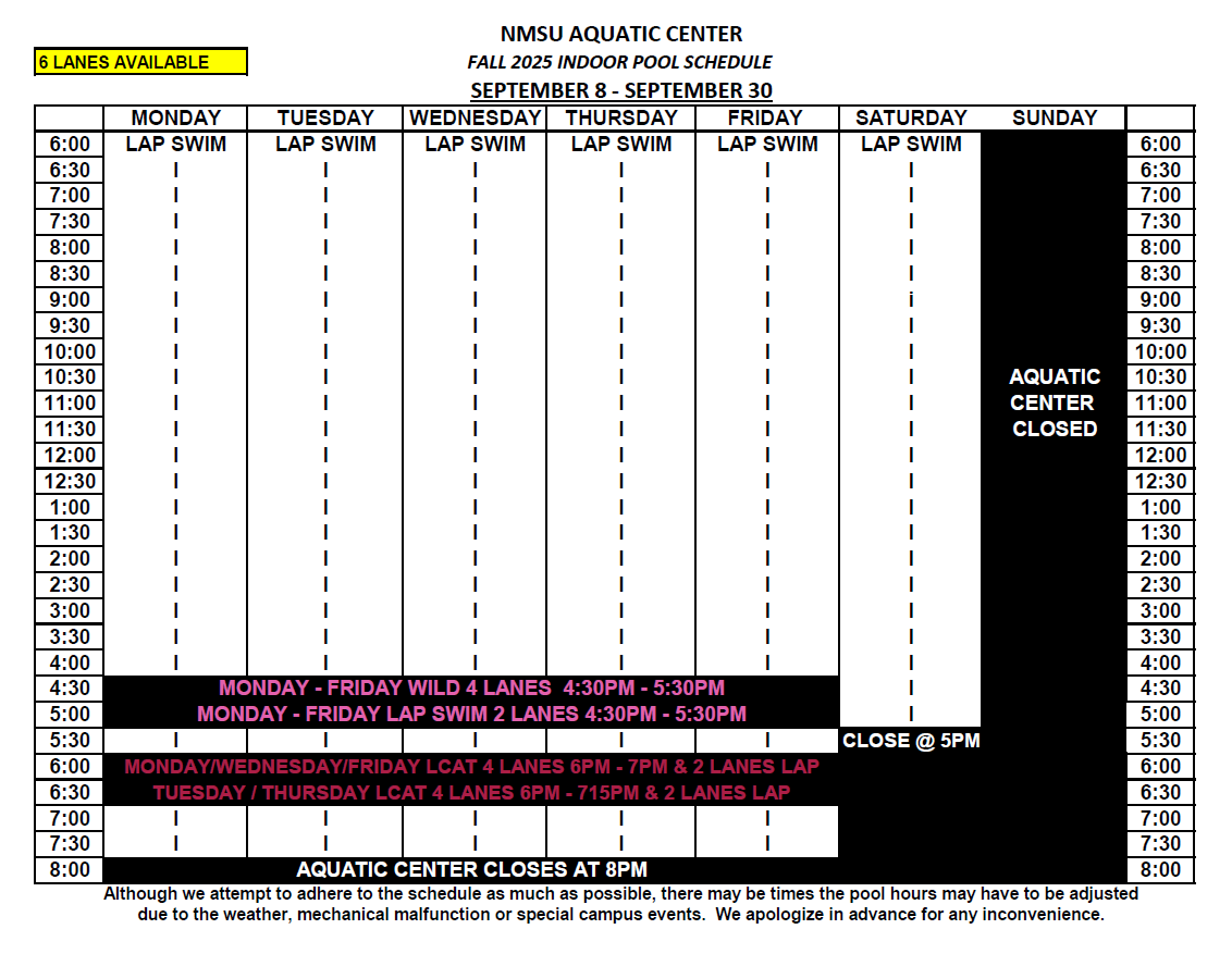 Indoor Pool Schedule Fall 2025 Sept 8 - 30