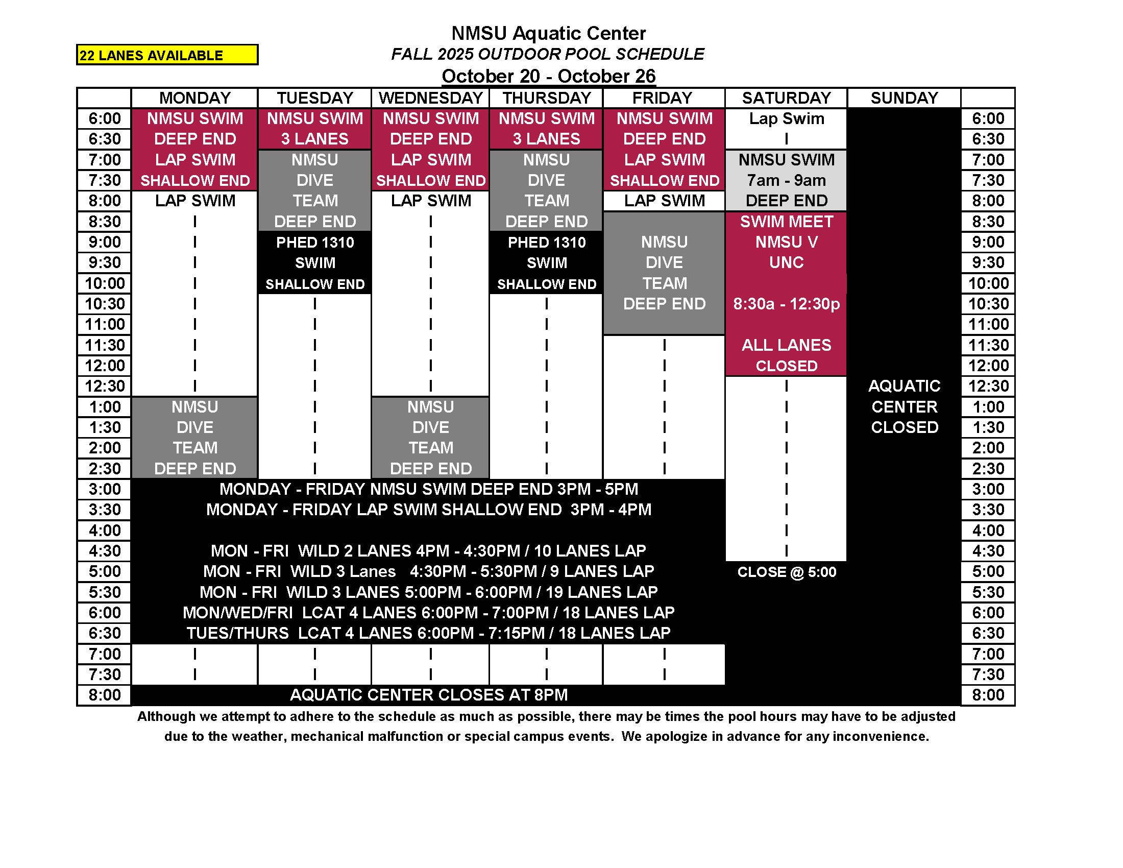 Outdoor Pool Schedule Fall 2025 Sept 8 - 30