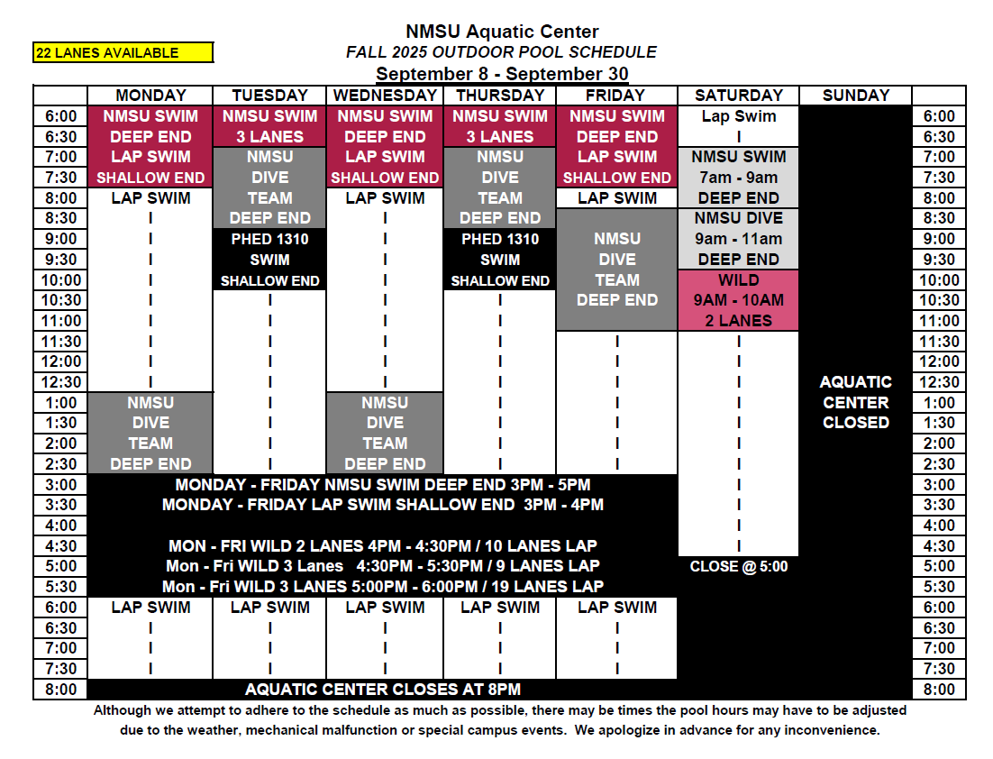 Outdoor Pool Schedule Fall 2025 Sept 8 - 30