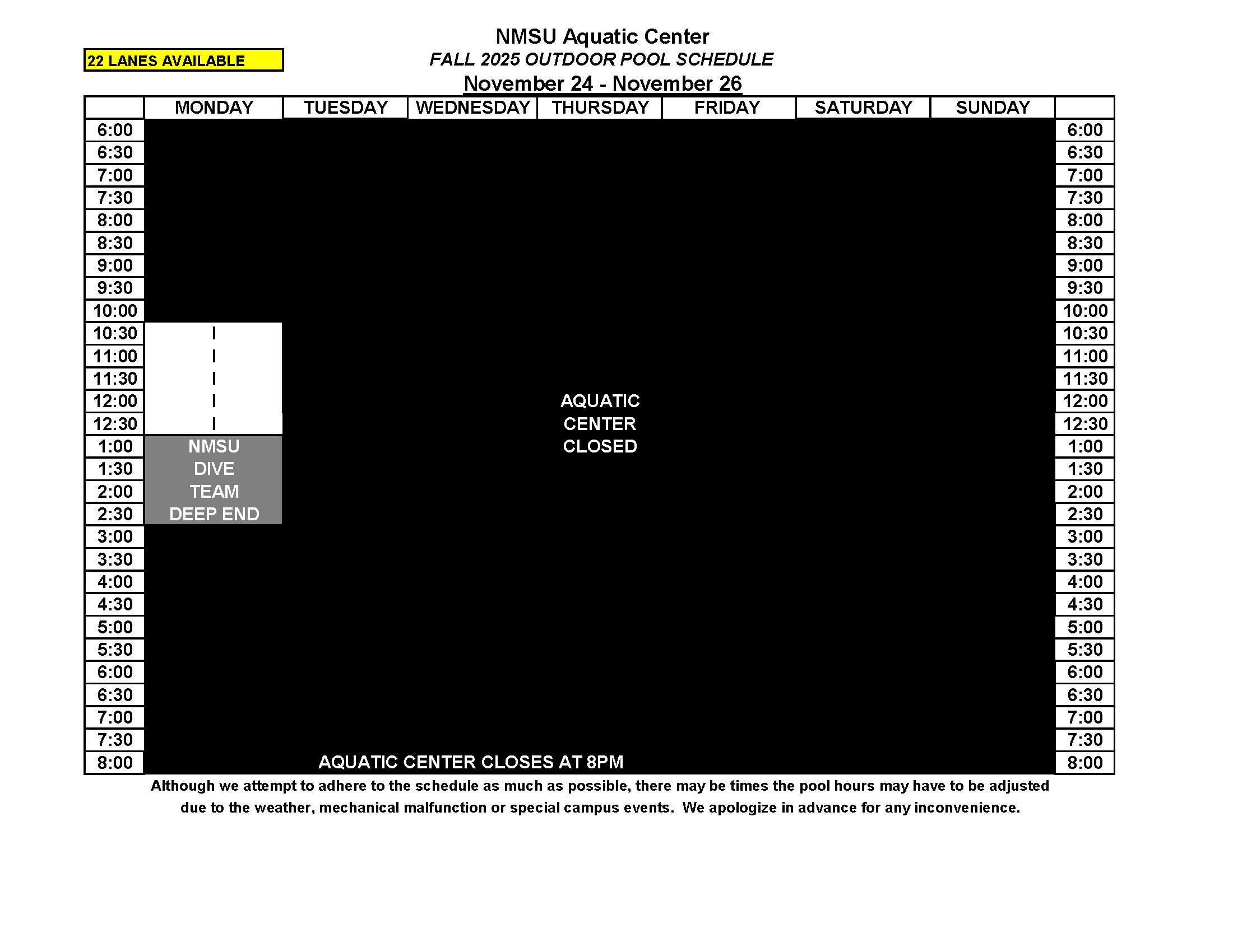 Outdoor Pool Schedule Fall 2025 Sept 8 - 30