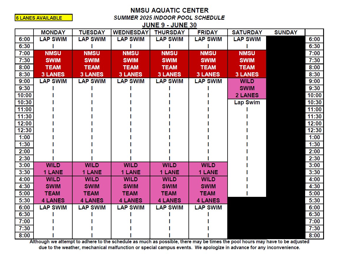 June 2025 Indoor Pool Schedule