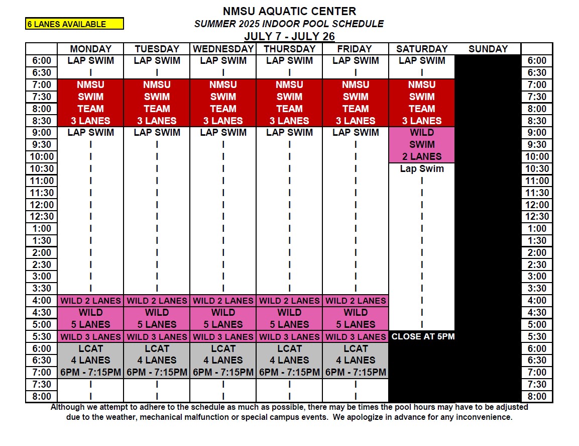 July 7 - 26 Indoor Pool Schedule